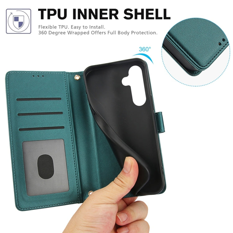 For Samsung Galaxy S25 5G Skin Feel Pure Color Card Slots Leather Phone Case with Dual Lanyard(Green) by buy2fix