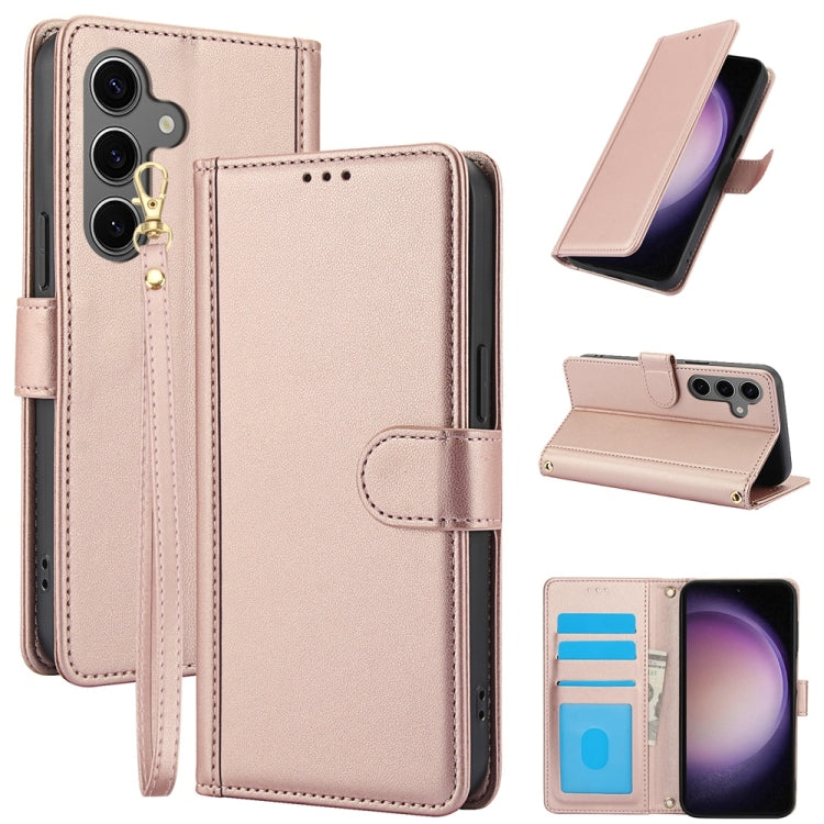 For Samsung Galaxy S25 5G Skin Feel Pure Color Card Slots Leather Phone Case with Dual Lanyard(Rose Gold) by buy2fix