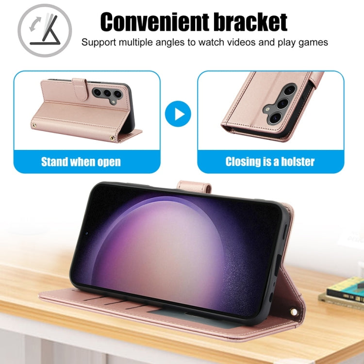 For Samsung Galaxy S25 5G Skin Feel Pure Color Card Slots Leather Phone Case with Dual Lanyard(Rose Gold) by buy2fix