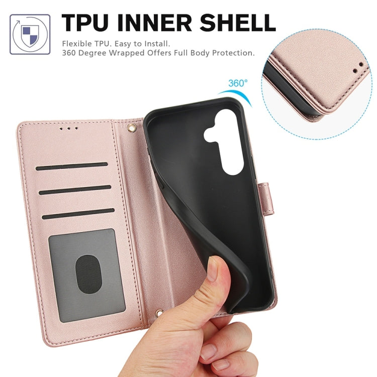 For Samsung Galaxy S25 5G Skin Feel Pure Color Card Slots Leather Phone Case with Dual Lanyard(Rose Gold) by buy2fix