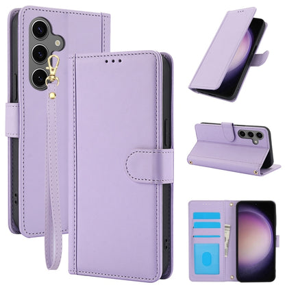 For Samsung Galaxy S25 5G Skin Feel Pure Color Card Slots Leather Phone Case with Dual Lanyard(Purple) by buy2fix