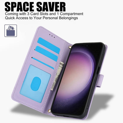 For Samsung Galaxy S25 5G Skin Feel Pure Color Card Slots Leather Phone Case with Dual Lanyard(Purple) by buy2fix