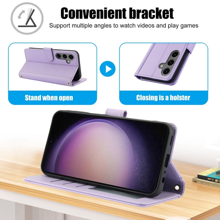 For Samsung Galaxy S25 5G Skin Feel Pure Color Card Slots Leather Phone Case with Dual Lanyard(Purple) by buy2fix