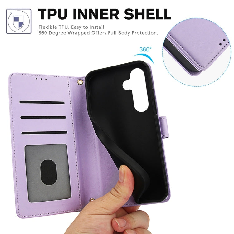 For Samsung Galaxy S25 5G Skin Feel Pure Color Card Slots Leather Phone Case with Dual Lanyard(Purple) by buy2fix