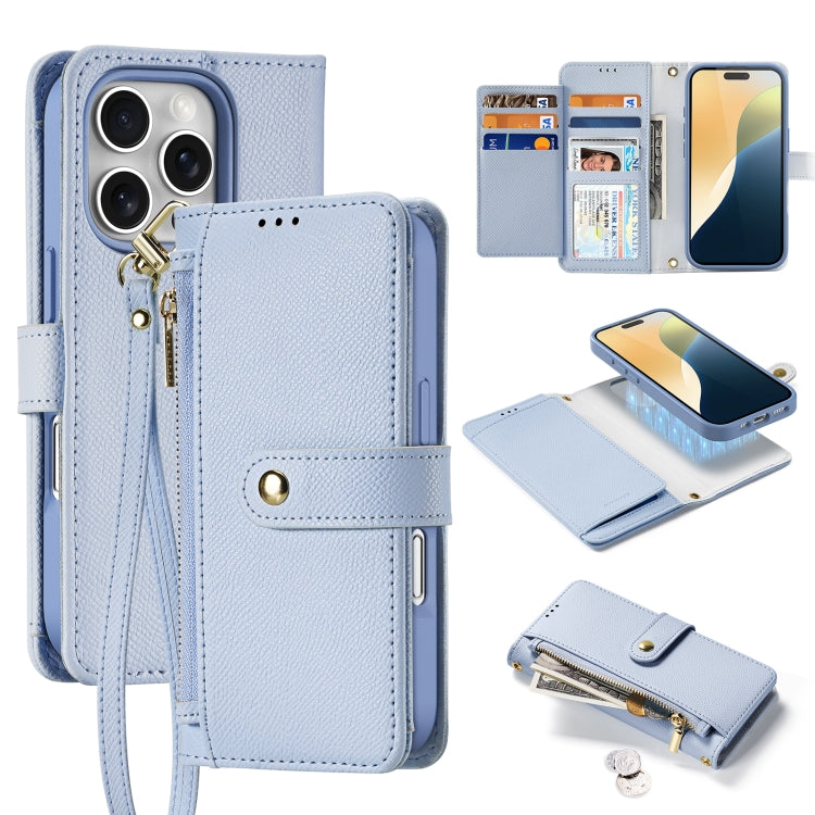 For iPhone 16 Pro Max DUX DUCIS Lawa Series 2 in 1 Wallet Zipper Detachable MagSafe Phone Case with Lanyard(Light Blue) by DUX DUCIS