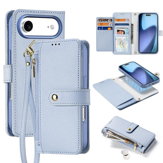 For iPhone Air DUX DUCIS Lawa Series 2 in 1 Wallet Zipper Detachable MagSafe Phone Case with Lanyard(Light Blue)