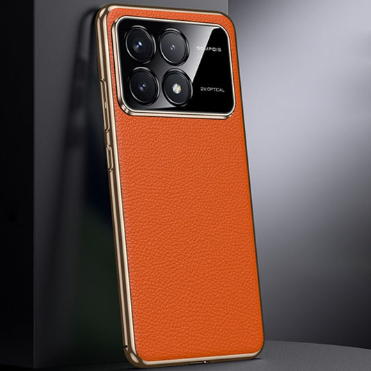 For Redmi K70 / K70 Pro First Layer Cowhide Leather Electroplated PC Phone Case(Orange) - Xiaomi Cases by buy2fix | Online Shopping UK | buy2fix