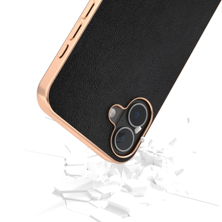 For iPhone 16 Plus PU Leather Electroplating Frame Full Coverage Phone Case(Black) - iPhone 16 Plus Cases by buy2fix | Online Shopping UK | buy2fix