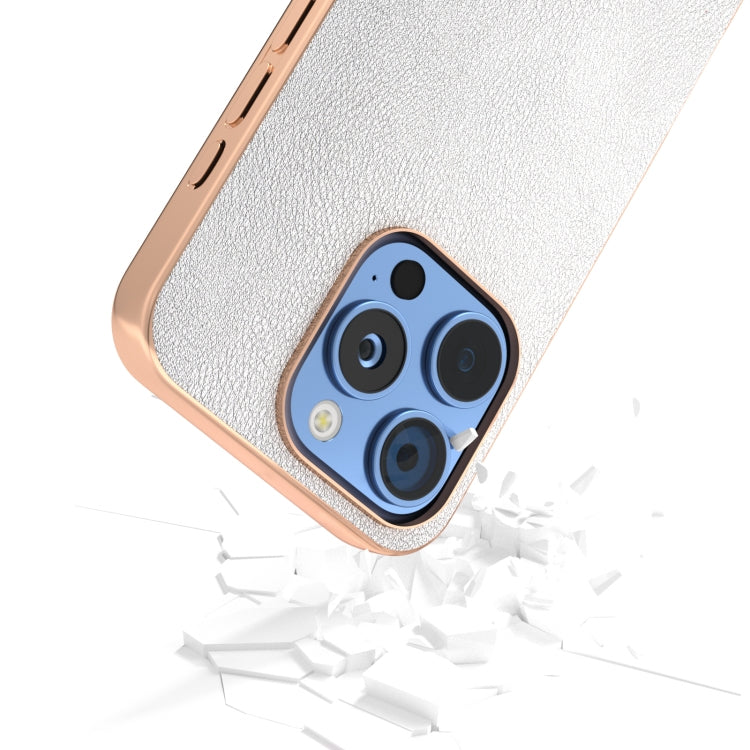For iPhone 16 Pro PU Leather Electroplating Frame Full Coverage Phone Case(Silver) by buy2fix