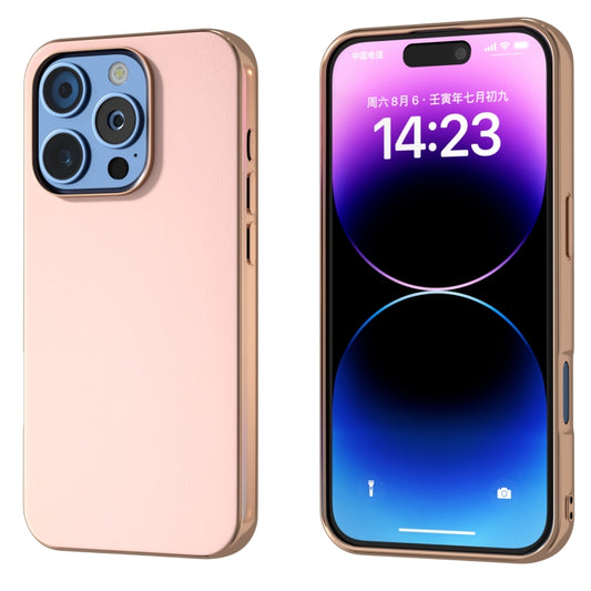 For iPhone 16 Pro PU Leather Electroplating Frame Full Coverage Phone Case(Light Pink) by buy2fix