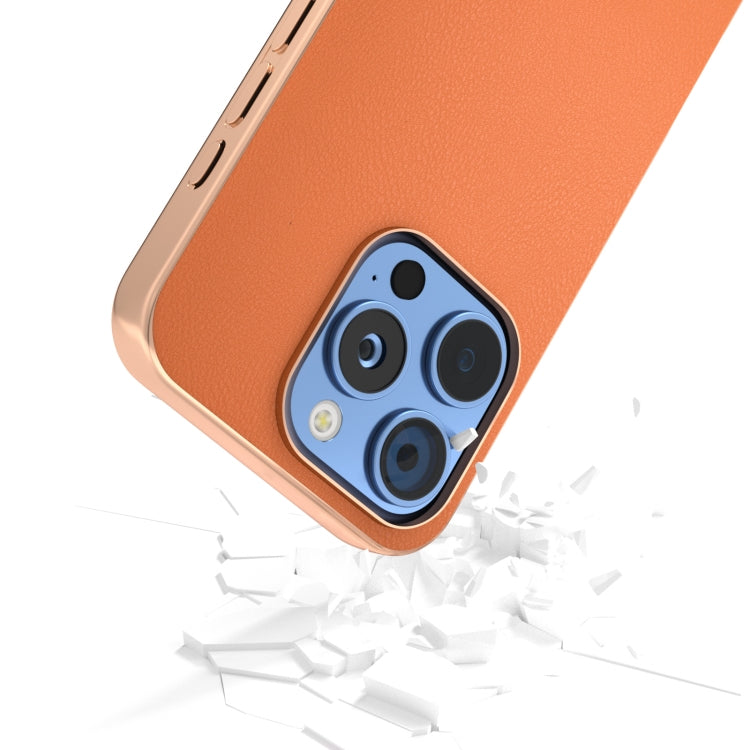For iPhone 16 Pro Max PU Leather Electroplating Frame Full Coverage Phone Case(Orange) by buy2fix