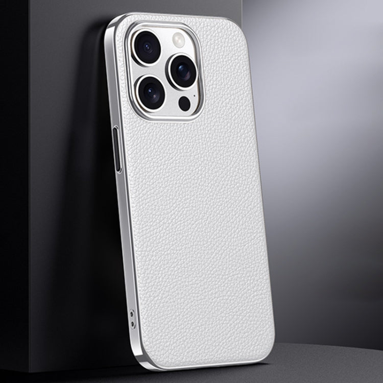 For iPhone 16 Pro Max First Layer Cowhide Leather Electroplated PC Phone Case(White) - iPhone 16 Pro Max Cases by buy2fix | Online Shopping UK | buy2fix