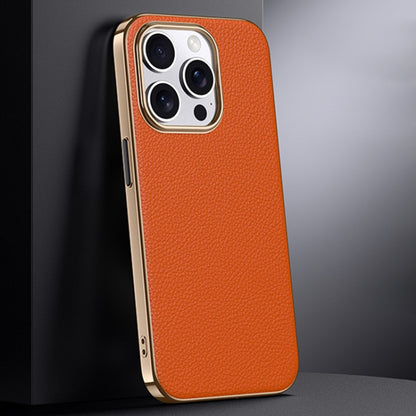 For iPhone 16 Pro First Layer Cowhide Leather Electroplated PC Phone Case(Orange) by buy2fix