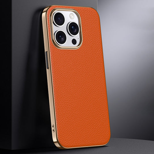 For iPhone 16 Pro First Layer Cowhide Leather Electroplated PC Phone Case(Orange) by buy2fix