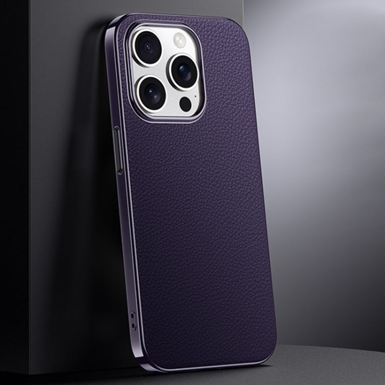 For iPhone 16 Pro First Layer Cowhide Leather Electroplated PC Phone Case(Dark Purple) - iPhone 16 Pro Cases by buy2fix | Online Shopping UK | buy2fix
