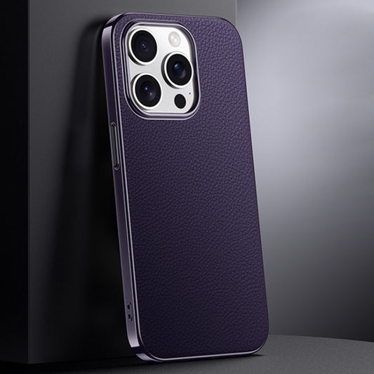 For iPhone 16 Pro First Layer Cowhide Leather Electroplated PC Phone Case(Dark Purple) - iPhone 16 Pro Cases by buy2fix | Online Shopping UK | buy2fix