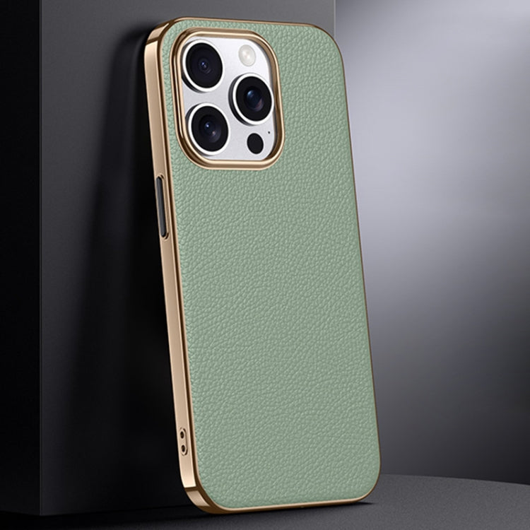 For iPhone 16 Pro First Layer Cowhide Leather Electroplated PC Phone Case(Green) - iPhone 16 Pro Cases by buy2fix | Online Shopping UK | buy2fix