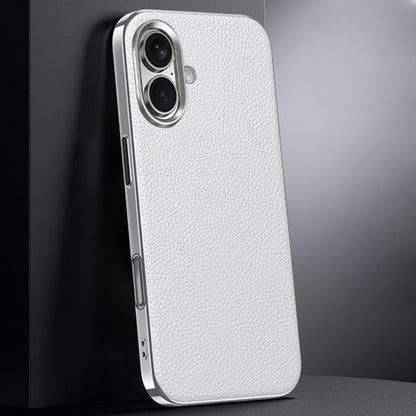 For iPhone 16 First Layer Cowhide Leather Electroplated PC Phone Case(White) - iPhone 16 Cases by buy2fix | Online Shopping UK | buy2fix
