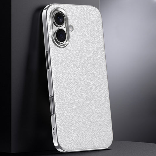 For iPhone 16 First Layer Cowhide Leather Electroplated PC Phone Case(White) - iPhone 16 Cases by buy2fix | Online Shopping UK | buy2fix