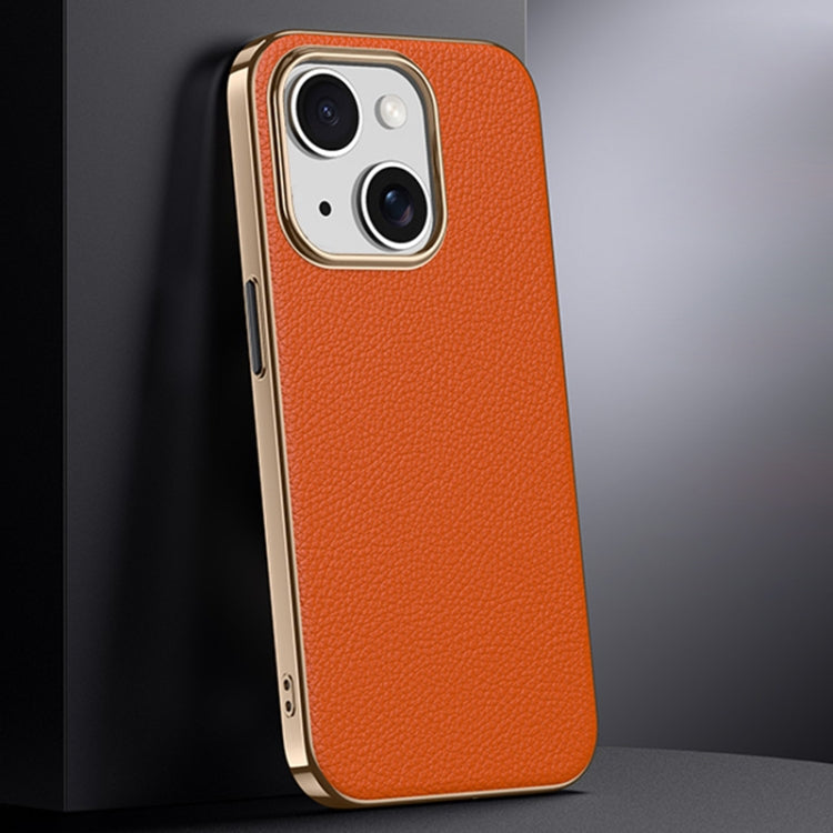 For iPhone 15 First Layer Cowhide Leather Electroplated PC Phone Case(Orange) - iPhone 15 Cases by buy2fix | Online Shopping UK | buy2fix