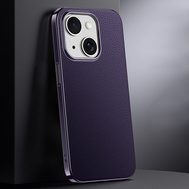 For iPhone 15 First Layer Cowhide Leather Electroplated PC Phone Case(Dark Purple) - iPhone 15 Cases by buy2fix | Online Shopping UK | buy2fix