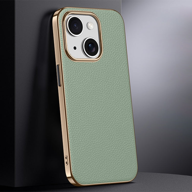 For iPhone 15 First Layer Cowhide Leather Electroplated PC Phone Case(Green) - iPhone 15 Cases by buy2fix | Online Shopping UK | buy2fix