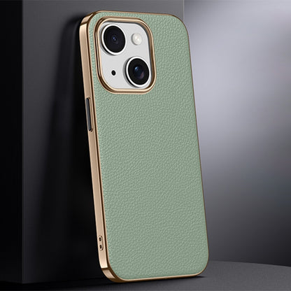 For iPhone 15 First Layer Cowhide Leather Electroplated PC Phone Case(Green) - iPhone 15 Cases by buy2fix | Online Shopping UK | buy2fix