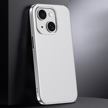 For iPhone 15 First Layer Cowhide Leather Electroplated PC Phone Case(White) - iPhone 15 Cases by buy2fix | Online Shopping UK | buy2fix
