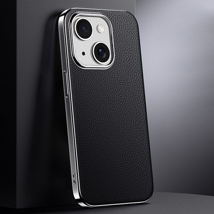 For iPhone 15 First Layer Cowhide Leather Electroplated PC Phone Case(Black) - iPhone 15 Cases by buy2fix | Online Shopping UK | buy2fix
