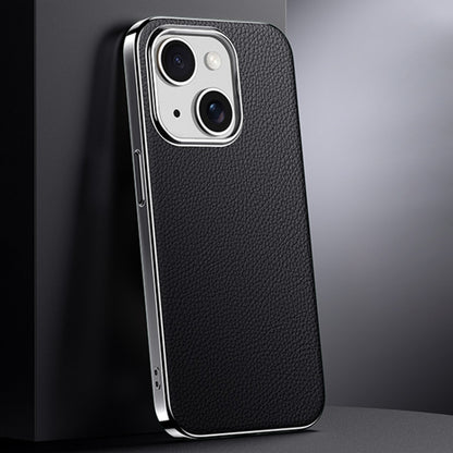 For iPhone 15 First Layer Cowhide Leather Electroplated PC Phone Case(Black) - iPhone 15 Cases by buy2fix | Online Shopping UK | buy2fix