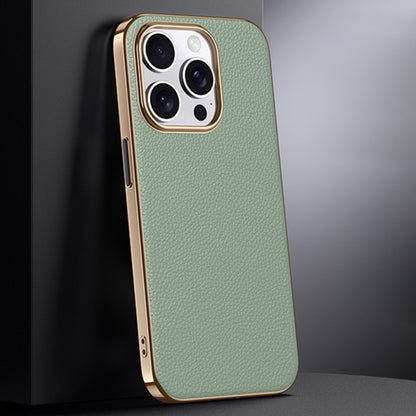 For iPhone 14 Pro Max First Layer Cowhide Leather Electroplated PC Phone Case(Green) - iPhone 14 Pro Max Cases by buy2fix | Online Shopping UK | buy2fix