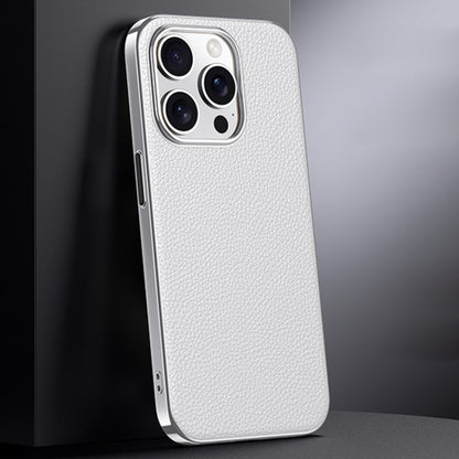 For iPhone 14 Pro Max First Layer Cowhide Leather Electroplated PC Phone Case(White) - iPhone 14 Pro Max Cases by buy2fix | Online Shopping UK | buy2fix