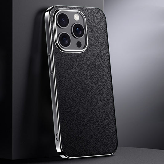 For iPhone 14 Pro Max First Layer Cowhide Leather Electroplated PC Phone Case(Black) - iPhone 14 Pro Max Cases by buy2fix | Online Shopping UK | buy2fix