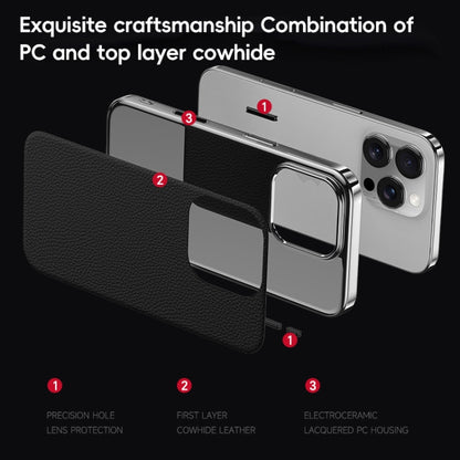For iPhone 15 First Layer Cowhide Leather Electroplated PC Phone Case(Black) - iPhone 15 Cases by buy2fix | Online Shopping UK | buy2fix
