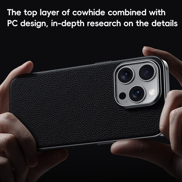 For iPhone 15 First Layer Cowhide Leather Electroplated PC Phone Case(Dark Purple) - iPhone 15 Cases by buy2fix | Online Shopping UK | buy2fix
