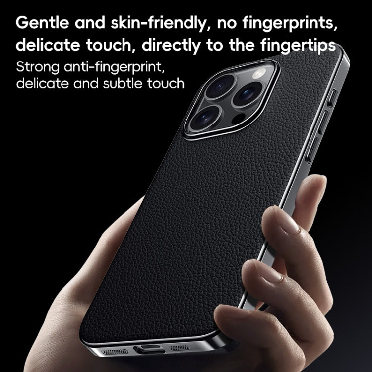 For iPhone 16 Pro Max First Layer Cowhide Leather Electroplated PC Phone Case(Black) - iPhone 16 Pro Max Cases by buy2fix | Online Shopping UK | buy2fix