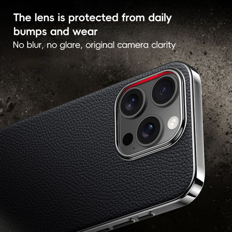 For iPhone 15 First Layer Cowhide Leather Electroplated PC Phone Case(Dark Purple) - iPhone 15 Cases by buy2fix | Online Shopping UK | buy2fix