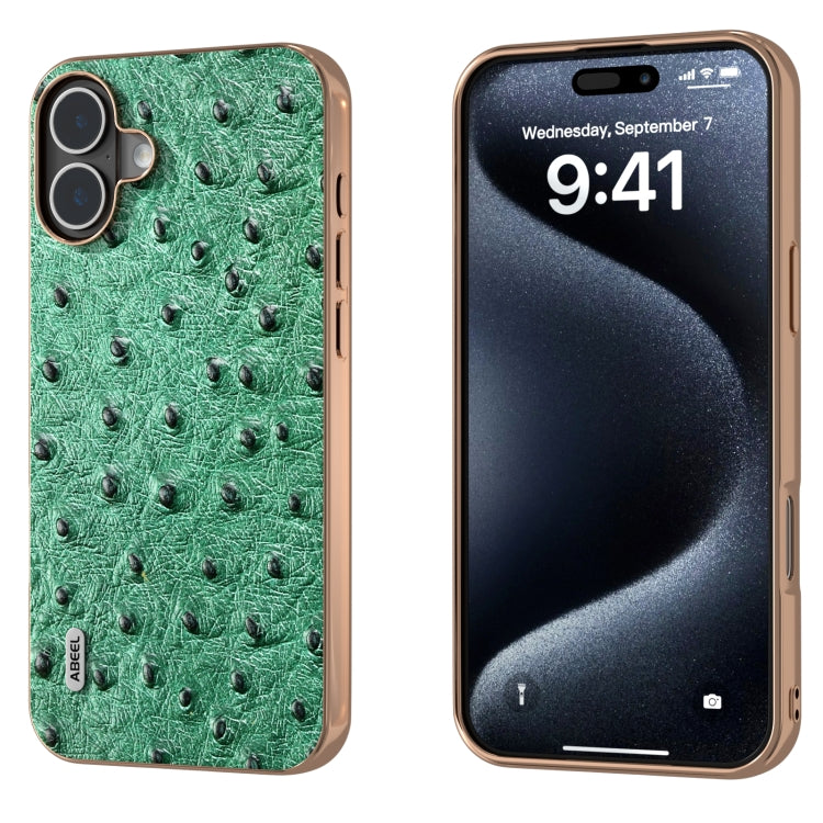 For iPhone 16 ABEEL Electroplating Frame Genuine Leather Ostrich Texture Phone Case(Green) by buy2fix