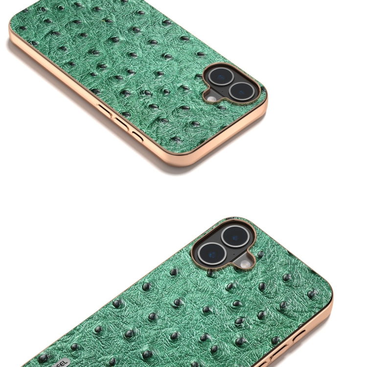 For iPhone 16 ABEEL Electroplating Frame Genuine Leather Ostrich Texture Phone Case(Green) by buy2fix