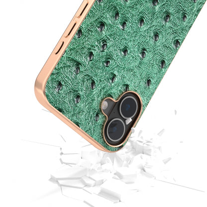 For iPhone 16 ABEEL Electroplating Frame Genuine Leather Ostrich Texture Phone Case(Green) by buy2fix