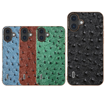 For iPhone 16 ABEEL Electroplating Frame Genuine Leather Ostrich Texture Phone Case(Green) by buy2fix