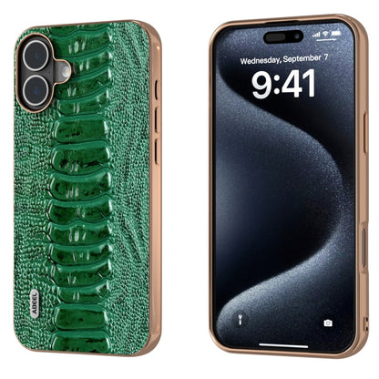 For iPhone 16 ABEEL Electroplating Frame Genuine Leather Weilai Series Phone Case(Green) by buy2fix