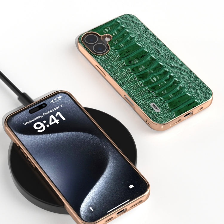 For iPhone 16 ABEEL Electroplating Frame Genuine Leather Weilai Series Phone Case(Green) by buy2fix