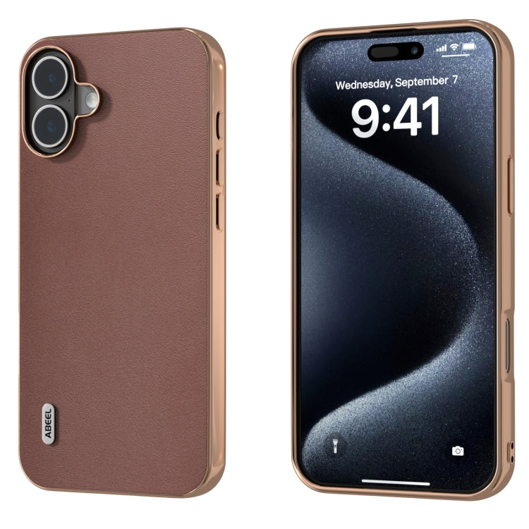 For iPhone 16 ABEEL Electroplating Frame Genuine Leather Xiaoya Series Phone Case(Coffee) by buy2fix