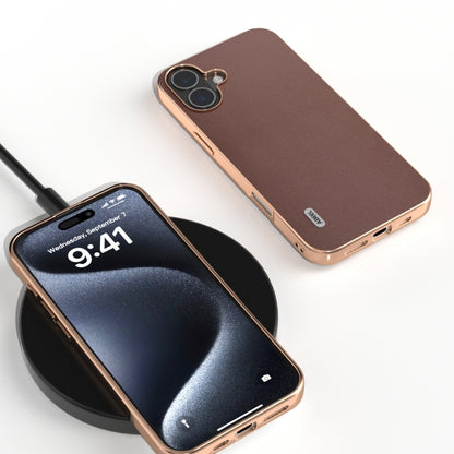 For iPhone 16 ABEEL Electroplating Frame Genuine Leather Xiaoya Series Phone Case(Coffee) by buy2fix