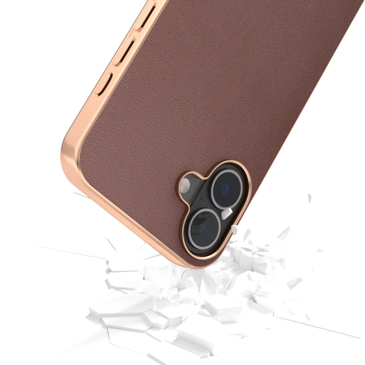 For iPhone 16 ABEEL Electroplating Frame Genuine Leather Xiaoya Series Phone Case(Coffee) by buy2fix
