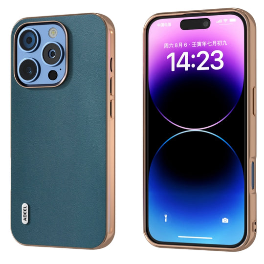 For iPhone 16 Pro ABEEL Electroplating Frame Genuine Leather Xiaoya Series Phone Case(Dark Green)