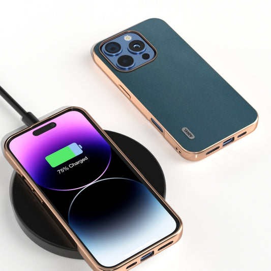 For iPhone 16 Pro ABEEL Electroplating Frame Genuine Leather Xiaoya Series Phone Case(Dark Green) by buy2fix