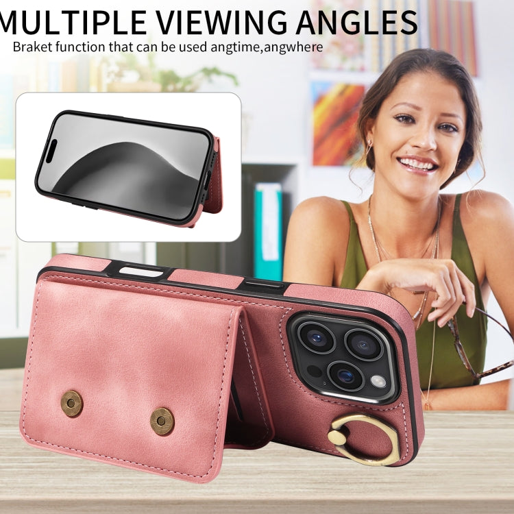 For iPhone 16 Pro Max Skin Feel Card Bag Phone Case with Ring Buckle(Rose Gold) by buy2fix