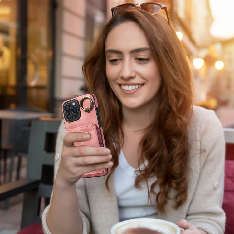 For iPhone 16 Pro Max Skin Feel Card Bag Phone Case with Ring Buckle(Rose Gold) by buy2fix